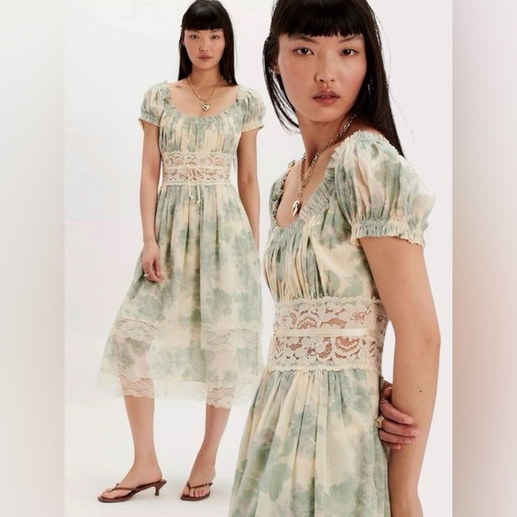 Free People Dresses & Skirts - Free People Ethereal Dainty Lace Honeysuckle Floral Printed Midi Dress Large